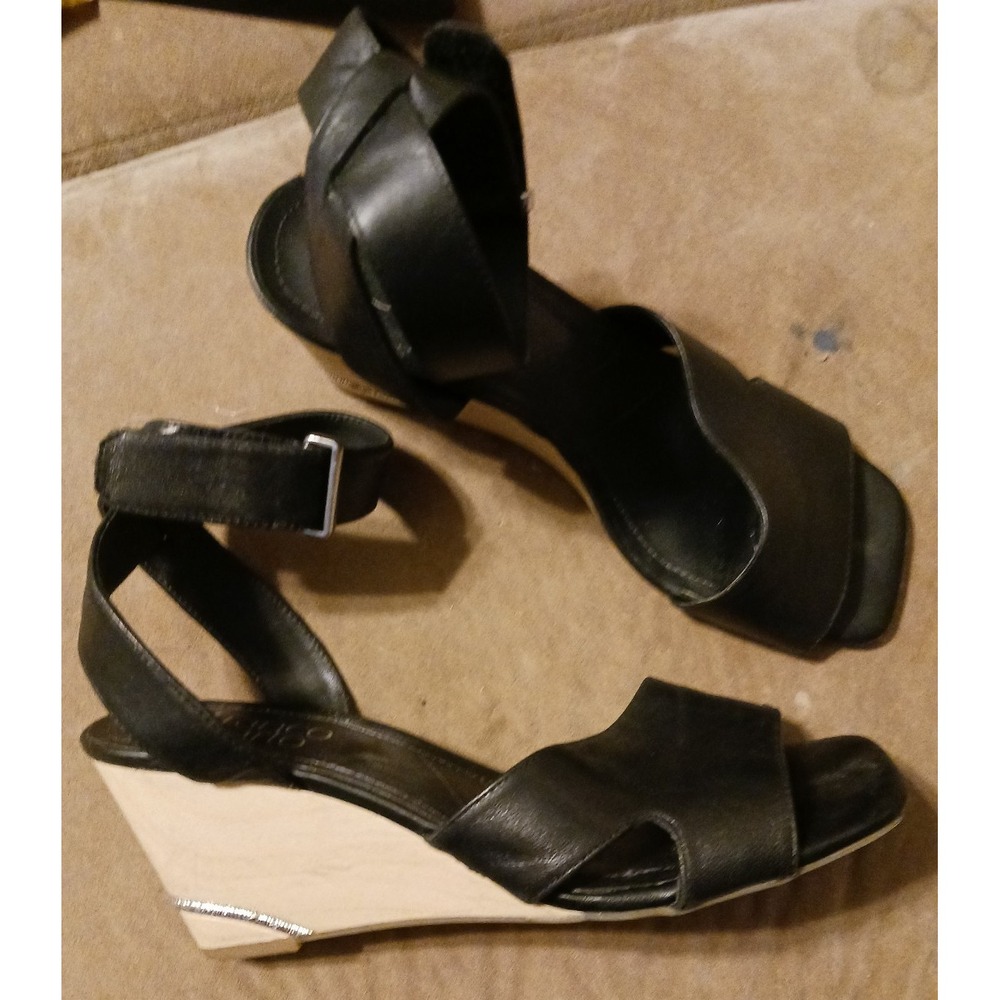 Franco Sarto Samina Black Leather Ankle Wrap Wedge Open Toe‎ Sandals, 8